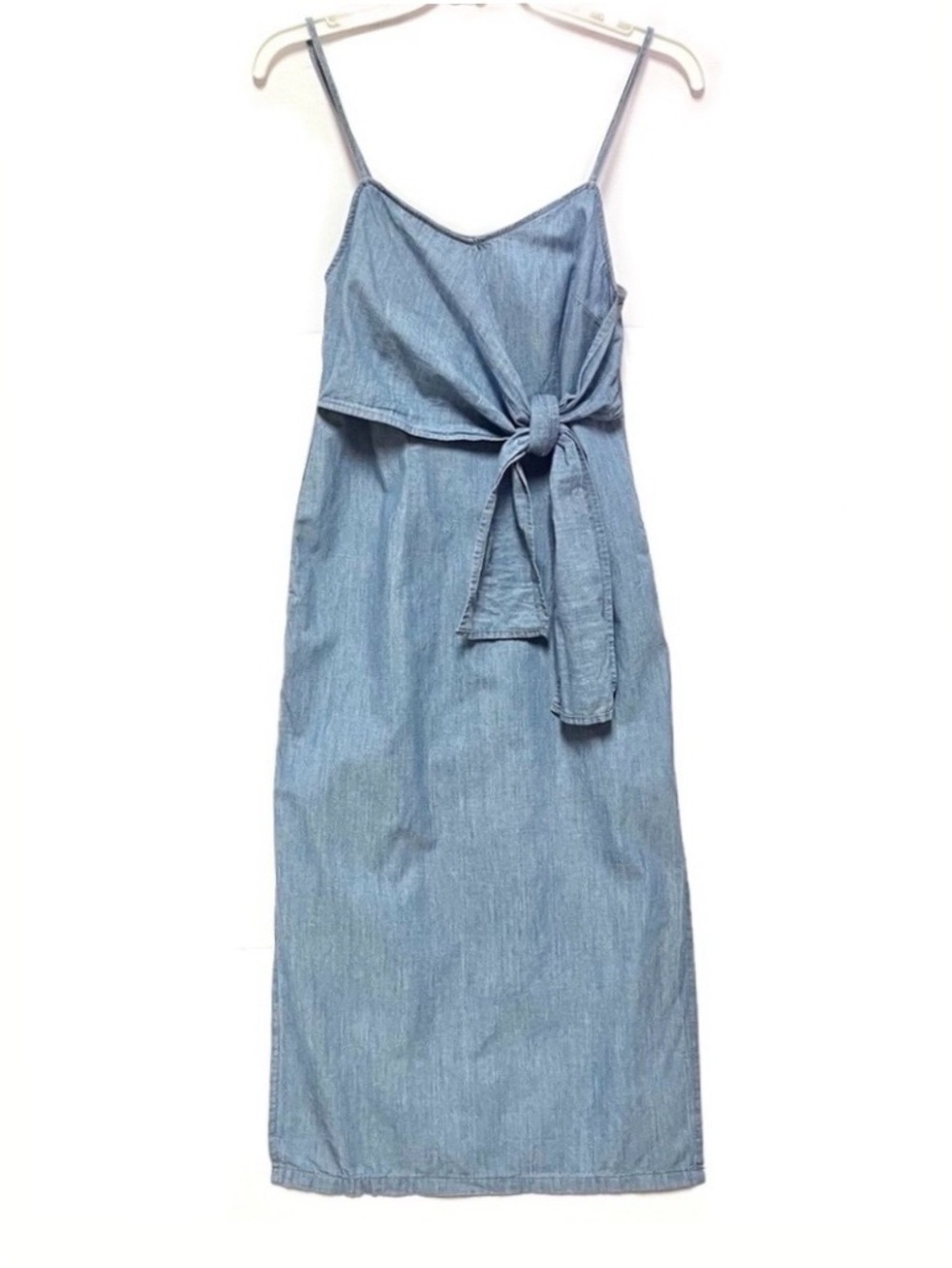 Topshop Chambray Denim Midi Dress 2 Tie Front High Slit Strappy Cotton Blue